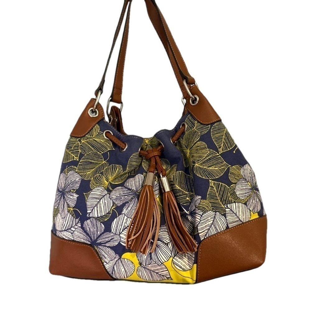 CHAPS Medium Hobo Blue/White/Yellow Floral Canvas Shoulder Purse